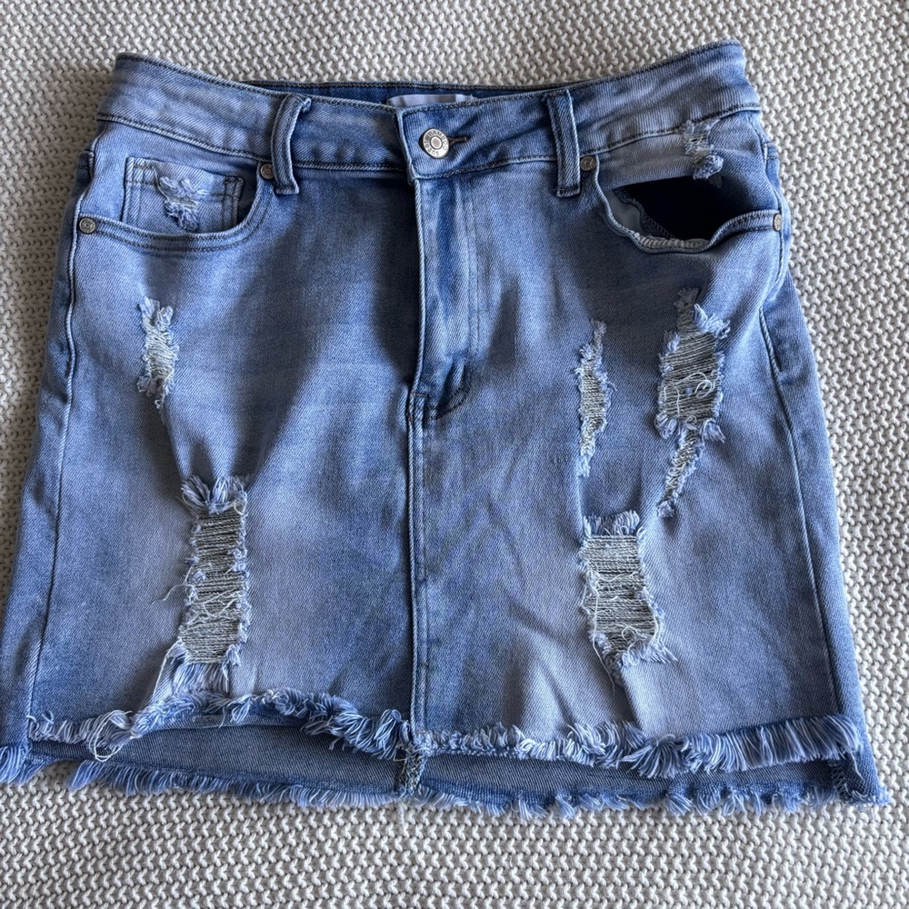 Distressed Denim Mini Skirt - Light Blue